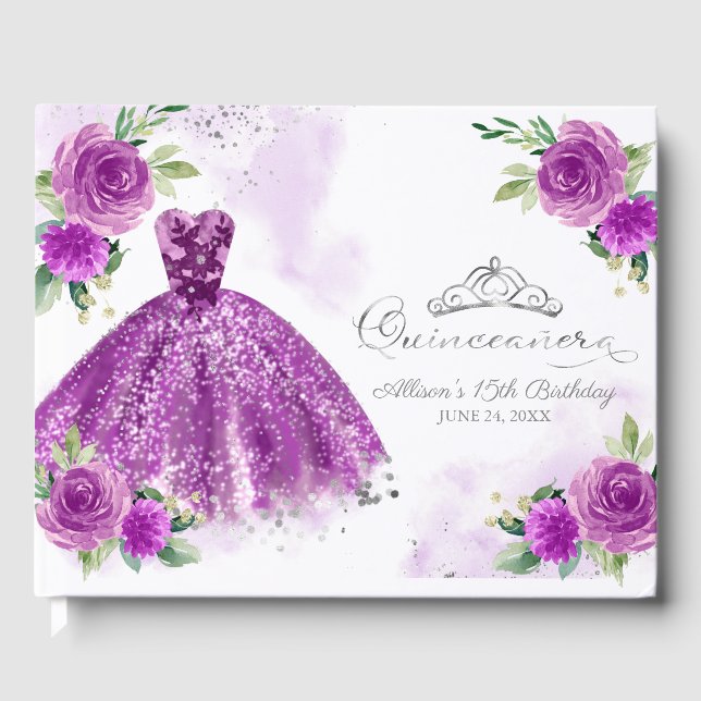 Purple Gown Floral Quinceanera Guest Book (Front)