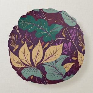 Purple Graceful Modern Leaf Print Round Cushion