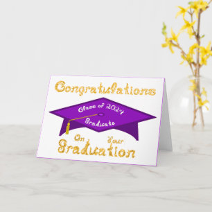 Purple Grad Cap Gold White Graduate Class 2024 Hat Card