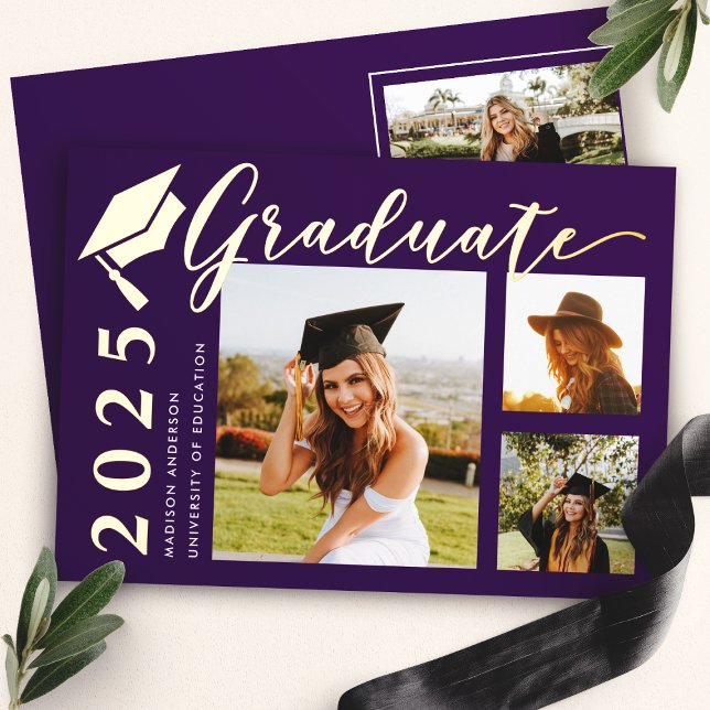 Purple Grad Cap Photo Foil Graduation Announcement (Creator Uploaded)