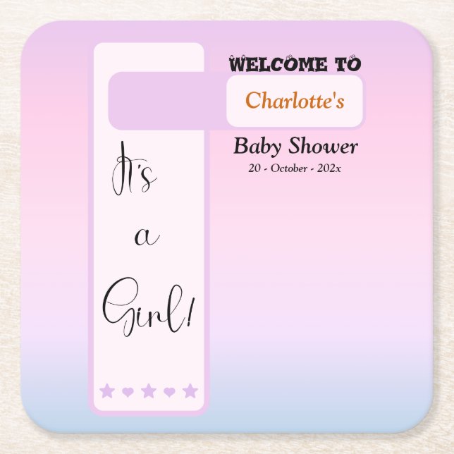 Purple Gradient Cute Eyeball Text Baby Shower Square Paper Coaster (Front)
