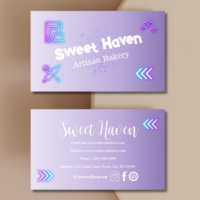 Purple Gradient Neon Cooking Utensil Bakery Business Card (Creator Uploaded)