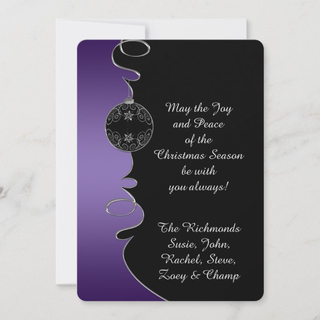 Purple Gradient Silver Ornate Swirls Christmas Holiday Card (Front)
