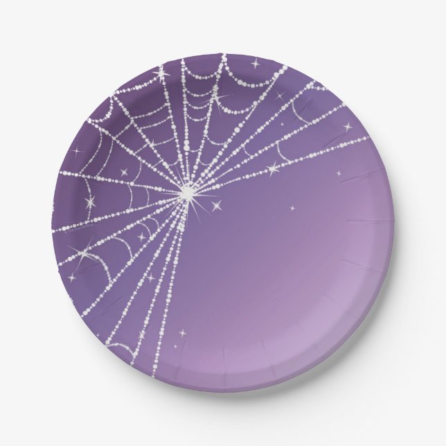 Purple Gradient Sparkling Diamond Spider Web Paper Plate (Front)