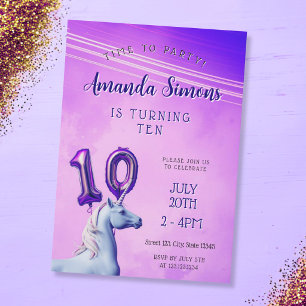 Purple Gradient Unicorn Balloon Girl 10th Birthday Invitation
