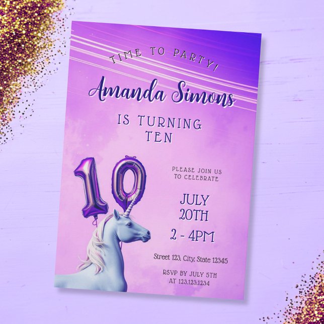 Purple Gradient Unicorn Balloon Girl 10th Birthday Invitation (Creator Uploaded)