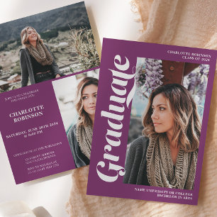 Purple graduate script 3 photo graduation invitation