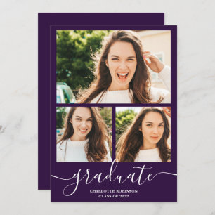 Purple graduate script 3 photos graduation invitation