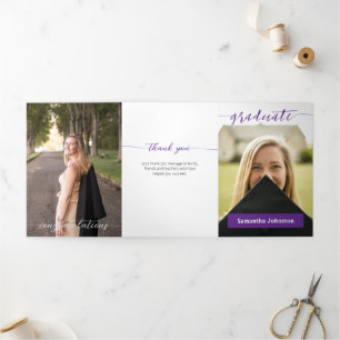 Purple Graduate Script Modern Three Photo Tri-Fold Invitation