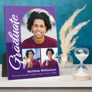 Purple Graduation 3 Photo Bold Arch Script Modern Plaque