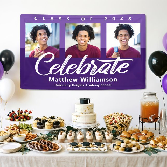Purple Graduation 3 Photo Bold Script Simple Retro Banner (Creator Uploaded)