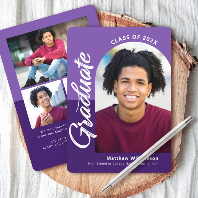 Purple Graduation 4 Photo Bold Arch Script Modern Announcement (Creator Uploaded)