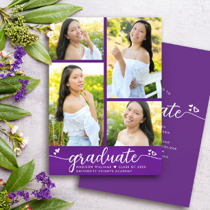 Purple Graduation 4 Photo Modern Script Hearts Announcement