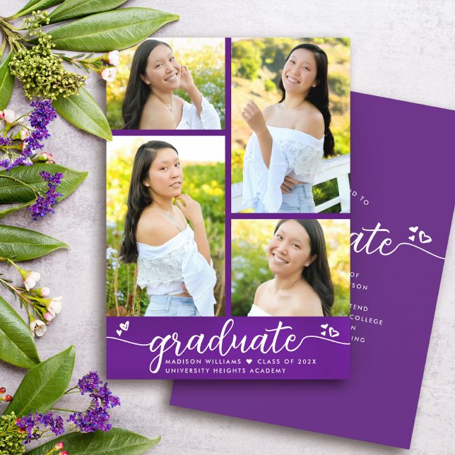 Purple Graduation 4 Photo Modern Script Hearts Announcement (Creator Uploaded)