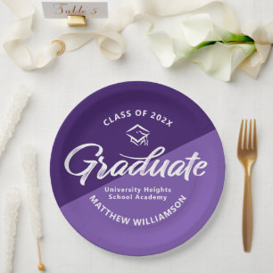 Purple Graduation Bold Retro Script Cap Icon Paper Plate