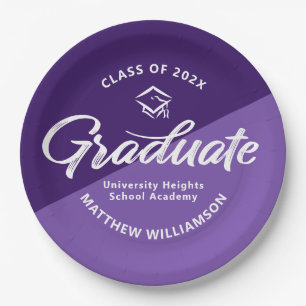 Purple Graduation Bold Retro Script Cap Icon Paper Plate