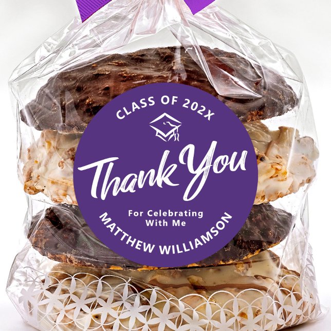 Purple Graduation Bold Script Cap Thank You Modern Classic Round Sticker (Creator Uploaded)