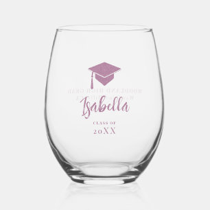 Purple Graduation Cap Calligraphy Custom Grad Gift Stemless Wine Glass