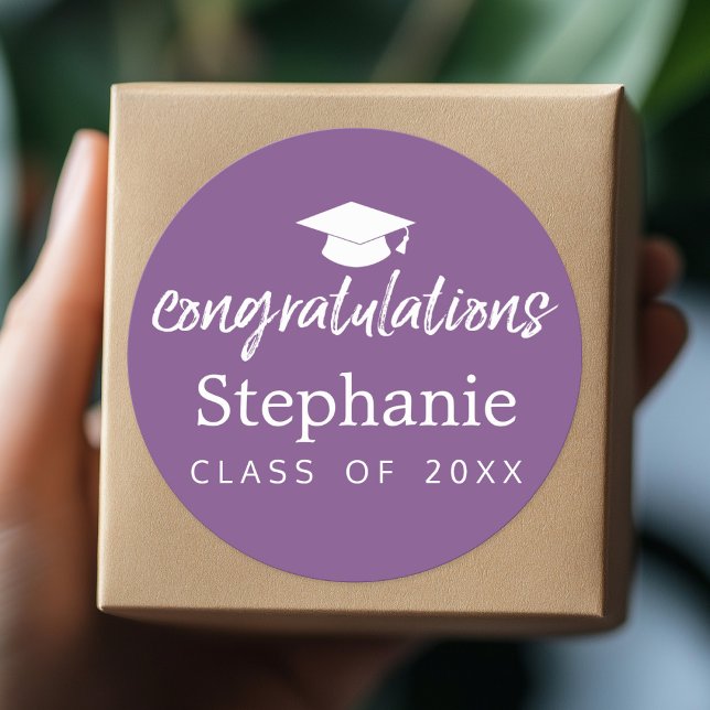 Purple Graduation Cap congratulation modern script Classic Round Sticker (Graduation Party Sticker)