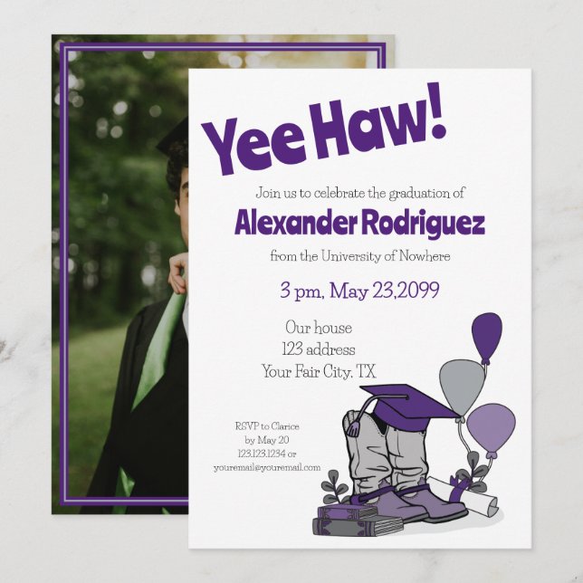 Purple Graduation Cap Cowboy Boot Arrangement Invitation (Front/Back)