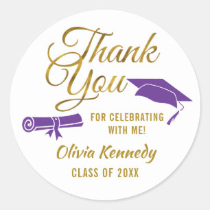 Purple Graduation Gold Thank You Script Favor Classic Round Sticker