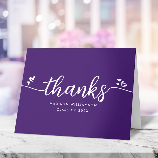 Purple Graduation Modern Elegant Script Hearts Thank You Card (Creator Uploaded)