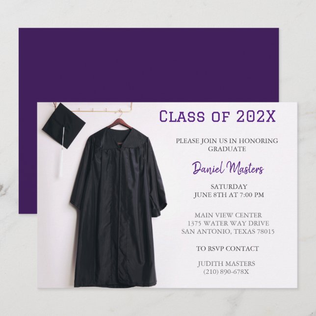 Purple  graduation party cap and gown invitation (Front/Back)