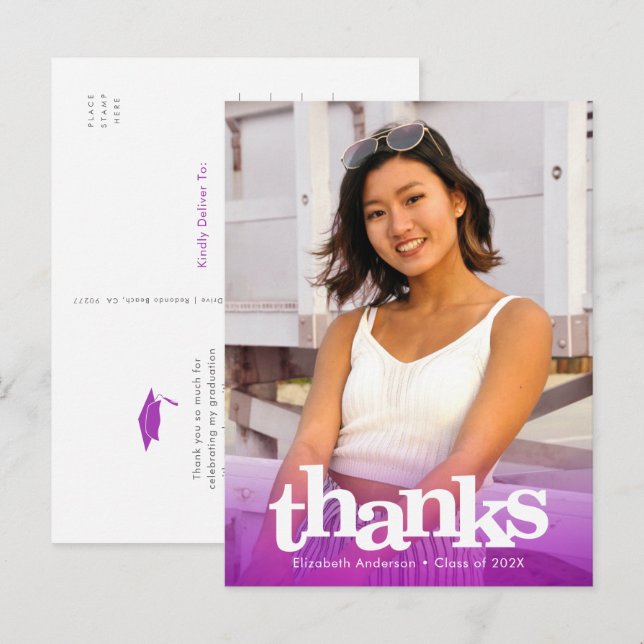 Purple graduation photo bold typography thank you postcard (Front/Back)