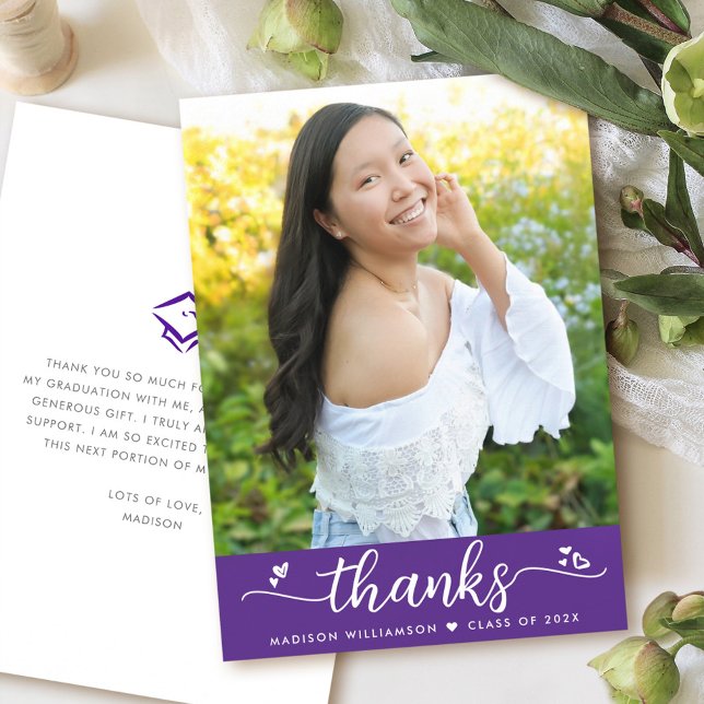 Purple Graduation Photo Modern Chic Script Hearts Thank You Card (Creator Uploaded)