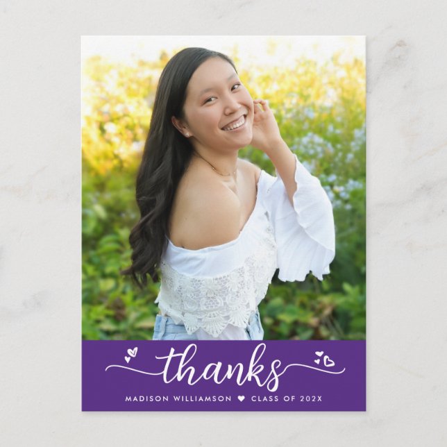 Purple Graduation Photo Script Hearts Thank You Postcard (Front)