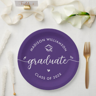 Purple Graduation Script Hearts Cap Icon Modern Paper Plate
