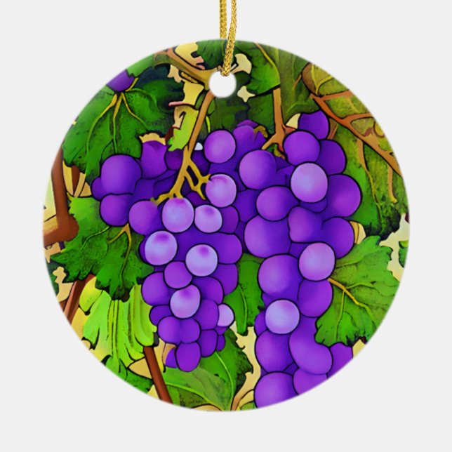 Purple Grapes on the Grapevine Ceramic Ornament (Front)