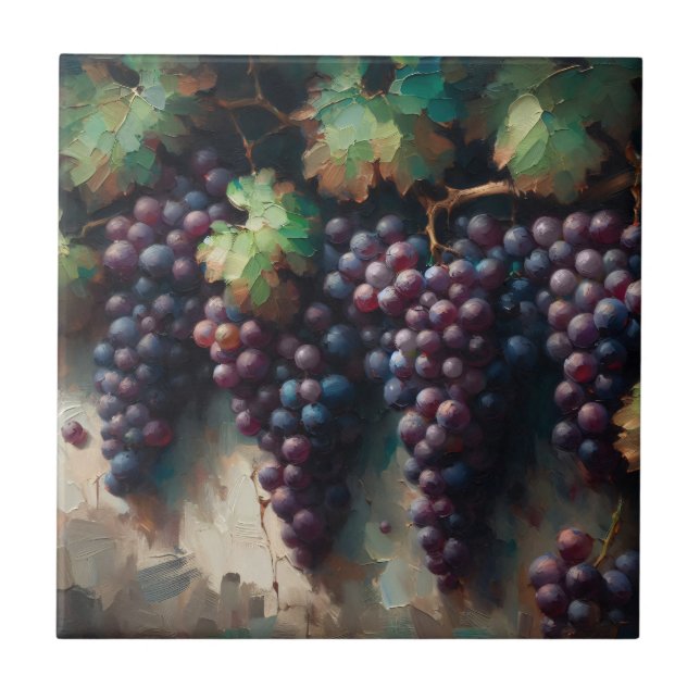 Purple Grapes on the Vine Oil Painting Ceramic Tile (Front)