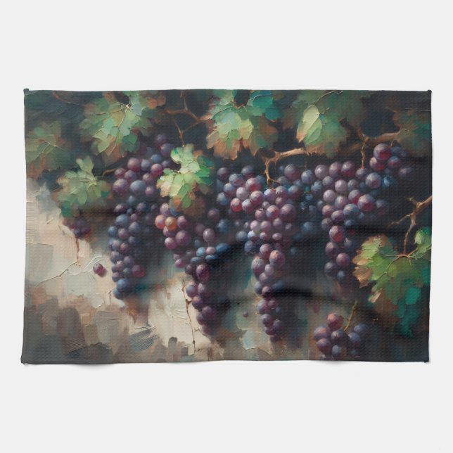 Purple Grapes on the Vine Oil Painting Tea Towel (Horizontal)