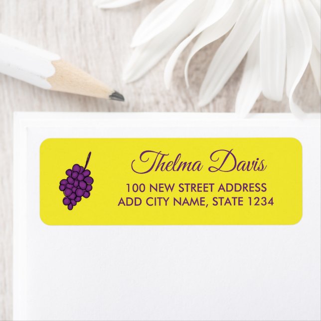 Purple grapes on yellow return address label (Insitu)