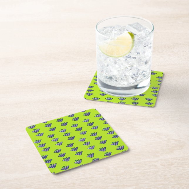 Purple grapes pattern on green square paper coaster (Insitu)