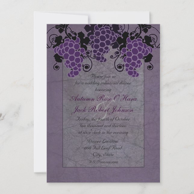 Purple Grapes Vintage Wedding Rehearsal Dinner Invitation (Front)