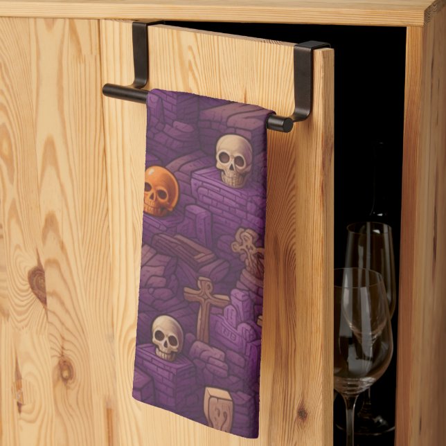 Purple Graves Silver Bronze Skulls Halloween Tea Towel (Thirds Fold)