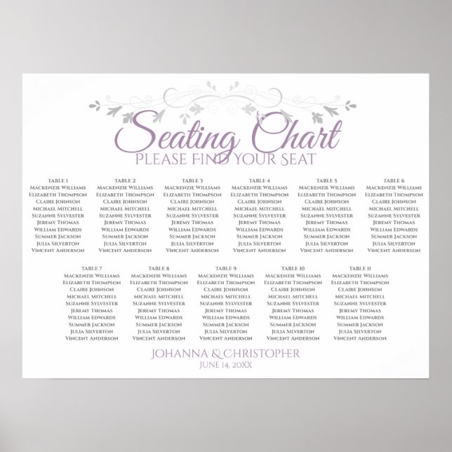 Purple & Gray 11 Table Wedding Seating Chart (Front)