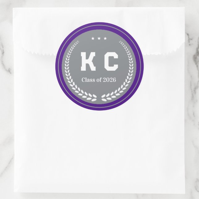 Purple & Gray  Class of 2026 Graduation Envelope Classic Round Sticker (Bag)