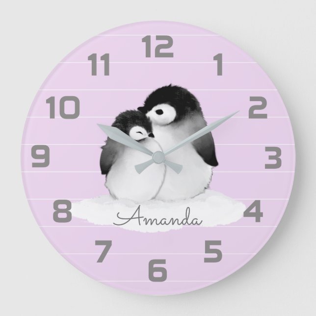 Purple Gray Penguin Nursery Decor Wall Clock (Front)