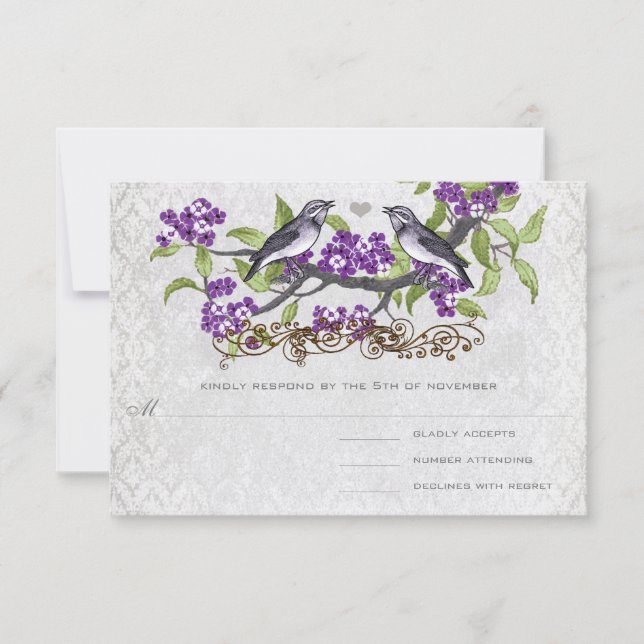 Purple & Gray Vintage Birds Damask Wedding Invite (Front)
