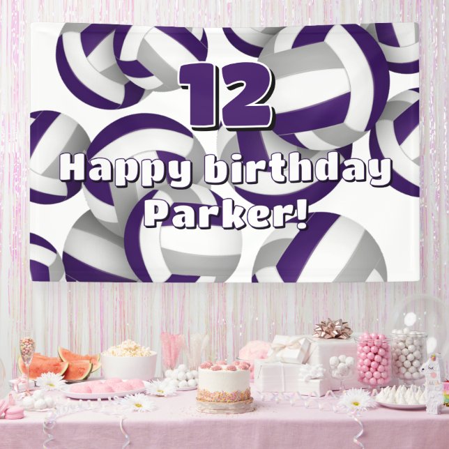 purple gray volleyballs kids birthday party banner (Party)