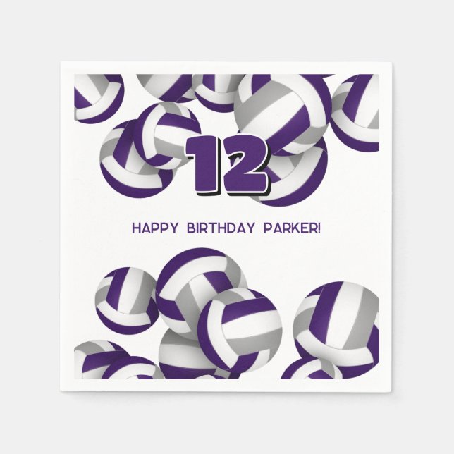 purple gray volleyballs kids birthday party napkin (Front)