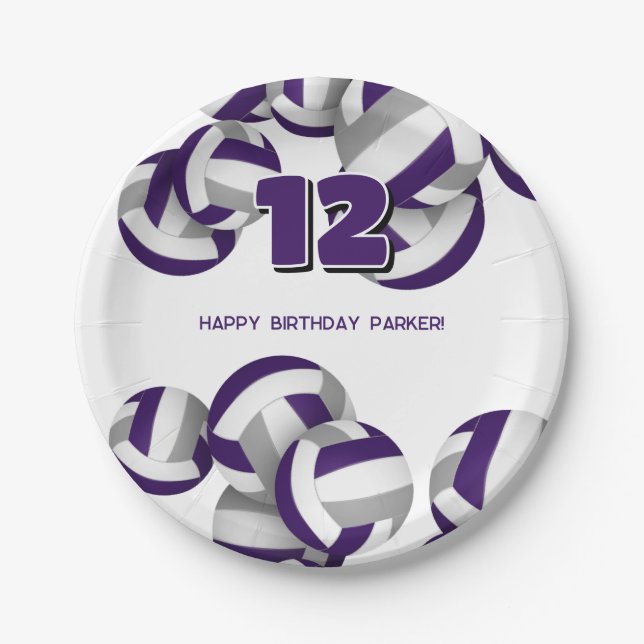 purple gray volleyballs kids birthday party paper plate (Front)