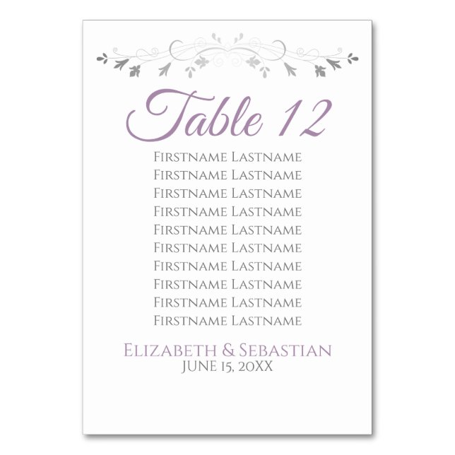 Purple & Gray Wedding Table Number Seating Chart (Back)