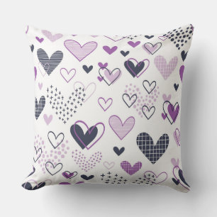 PURPLE GRAY WHITE HEARTS HUGS KISSES CUSHION