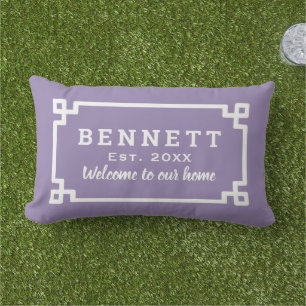 Purple Greek Key Custom Monogram Welcome Lumbar Cushion