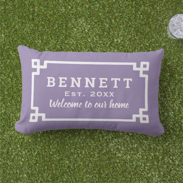 Purple Greek Key Monogram Welcome Lumbar Cushion (Grass)
