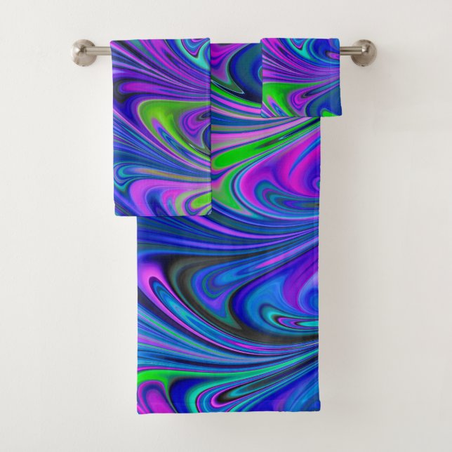 Purple Green and Blue Abstract Marbled Swirls Bath Towel Set (Insitu)